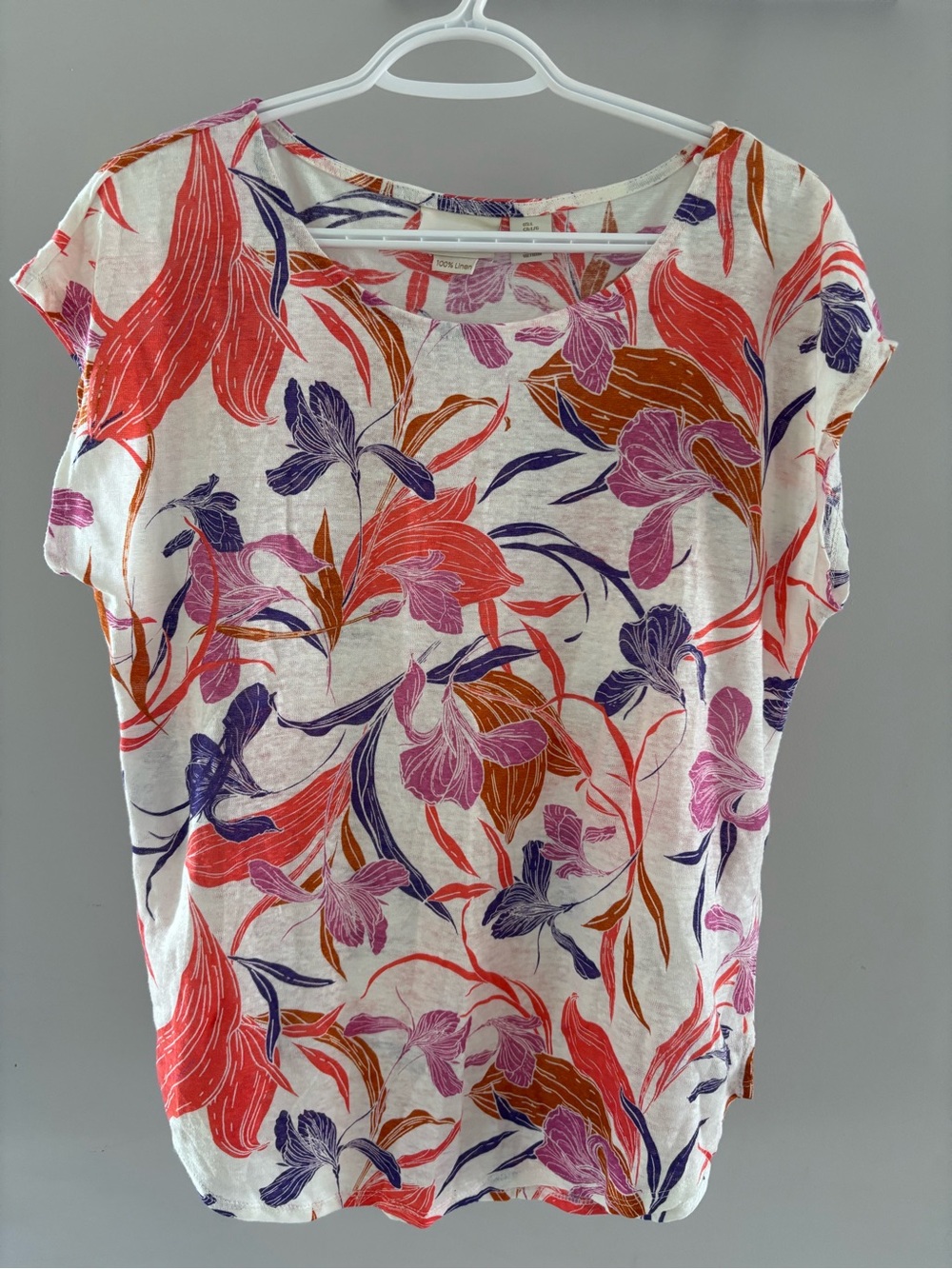 Cynthia Rowley linen Floral Print Short Sleeve Women’s Top - White with Coral